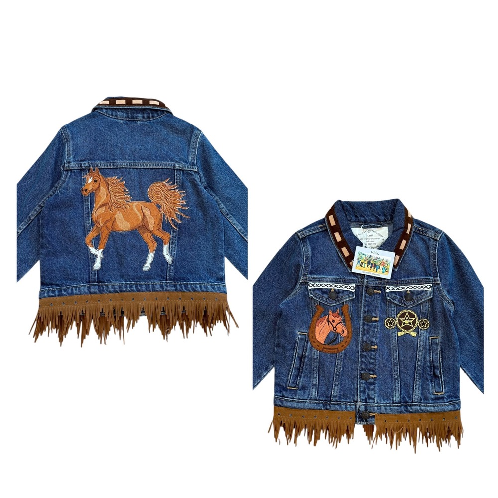 Lesal Upcycled Arabian Horse‎ Denim Jacket Kids 4T Blue Western Fringe